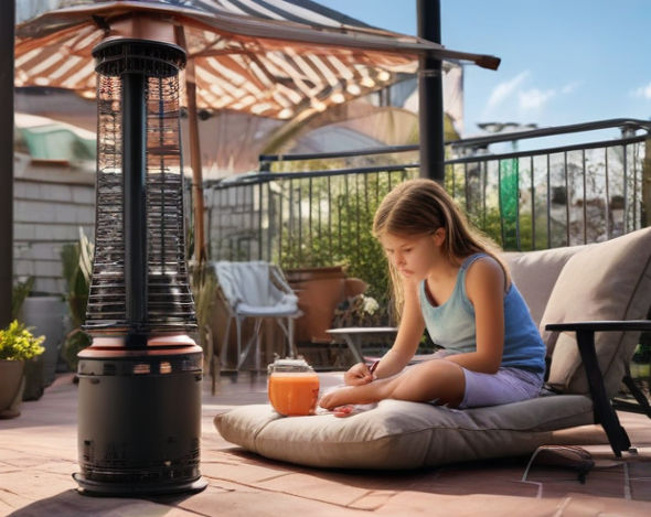 A young girl studying outdoors at a patio near a patio heater.