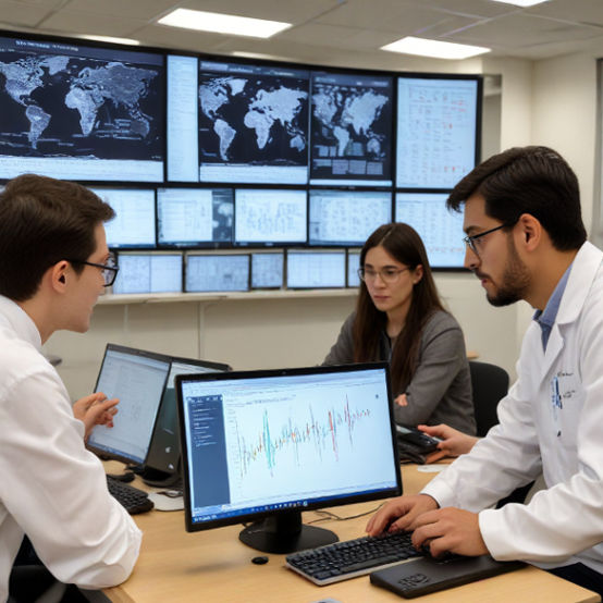 Scientists reviewing data on computer screens, discussing complex findings in a multilingual classroom setting.
