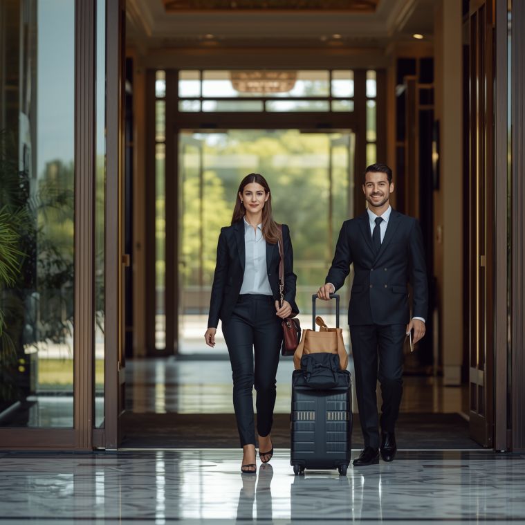 traveler checking into a luxury hotel with a calm and relaxed expression